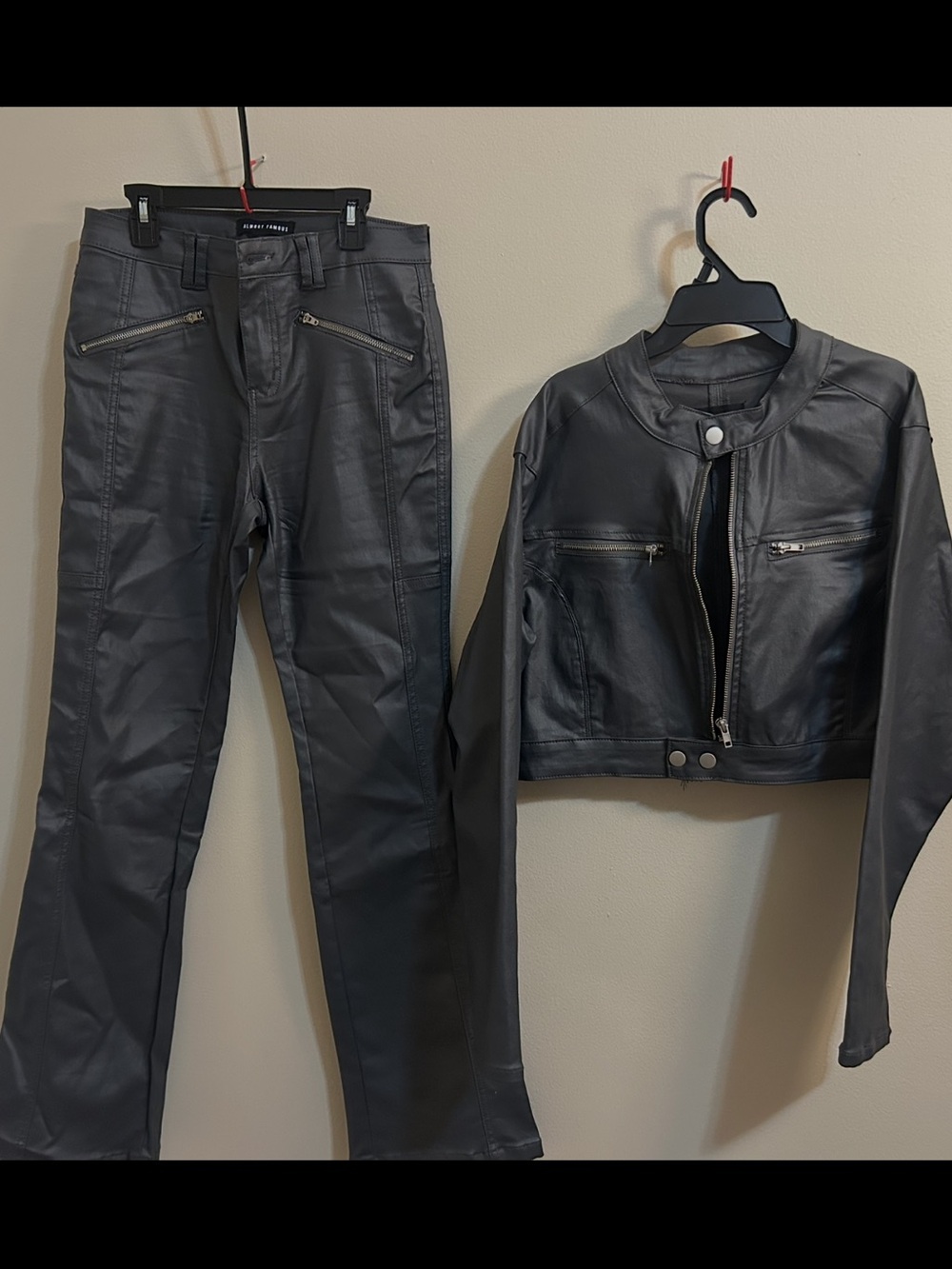 Almost Famous Gray Faux Leather Straight Leg Pants SZ 9 and Jacket SZ XL